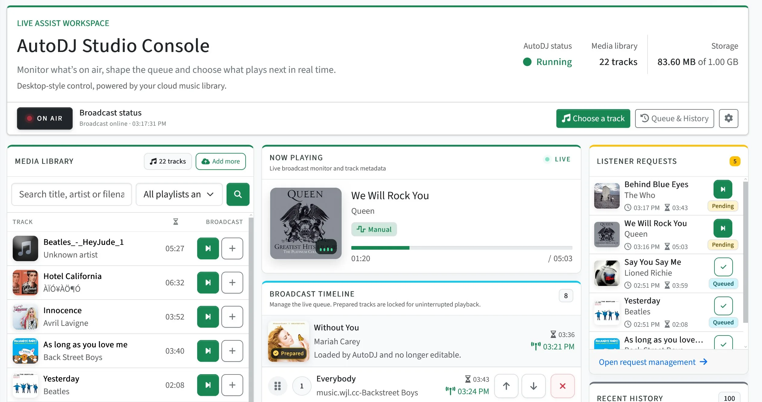 RadioDJ AutoDJ Studio with media library, live queue and listener requests