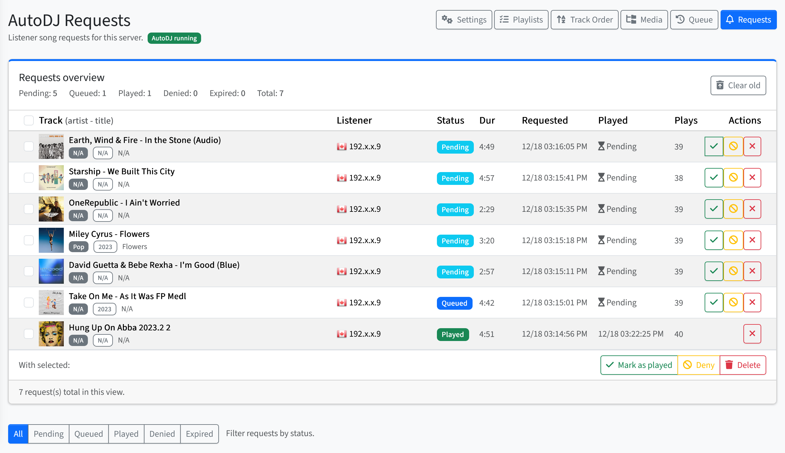RCAST AutoDJ listener request management interface